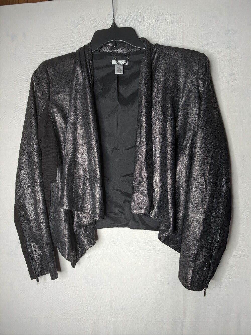 Cache Metallic Black Open Front Jacket with Draped Front M